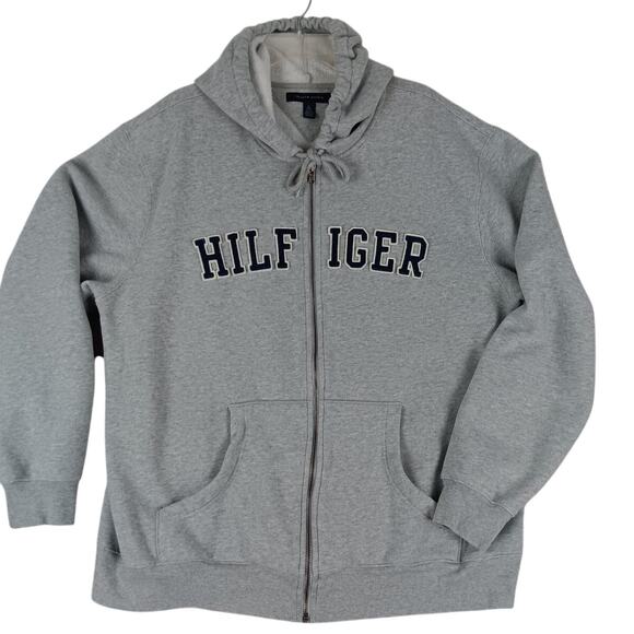 Tommy Hilfiger Hoodie Mens XL Gray Spell Out Zip Drawstring Street Casual Y2K - Picture 3 of 14